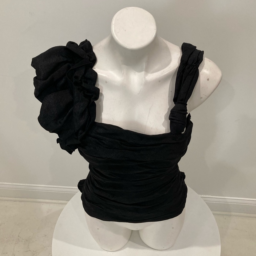 NWOT BEBE Black Ruched Organza Halter Top Ruffled Straps Small - Picture 15 of 16